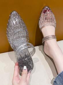 女士水晶裝飾懶人鞋,尖頭平底拖鞋,適用於夏季戶外 - 黑色 - 查看 1