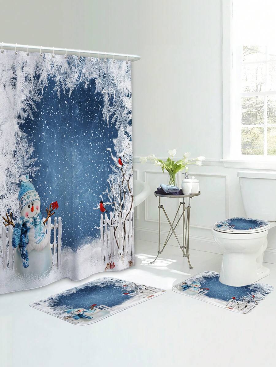 1 Pieza Alfombra O Cortina De Ducha Con Diseño De Muñeco De Nieve Y Copo De Nieve - Multicolor - Ver 1