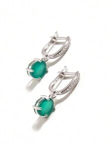 1對簡約設計的天然綠瑪瑙寶石耳環,適用於女性的925純銀日常配飾