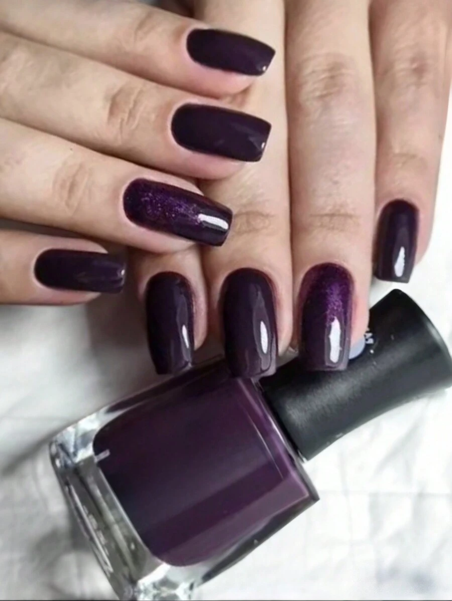 Charming 24 short square pressed nails Grape purple solid bright false nails with nail file and nail gel - Purple - View 1
