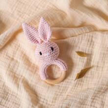 1pc Handmade Crochet Bunny Ear Wooden Teething Rings, Baby Teether Gift For Teething Period