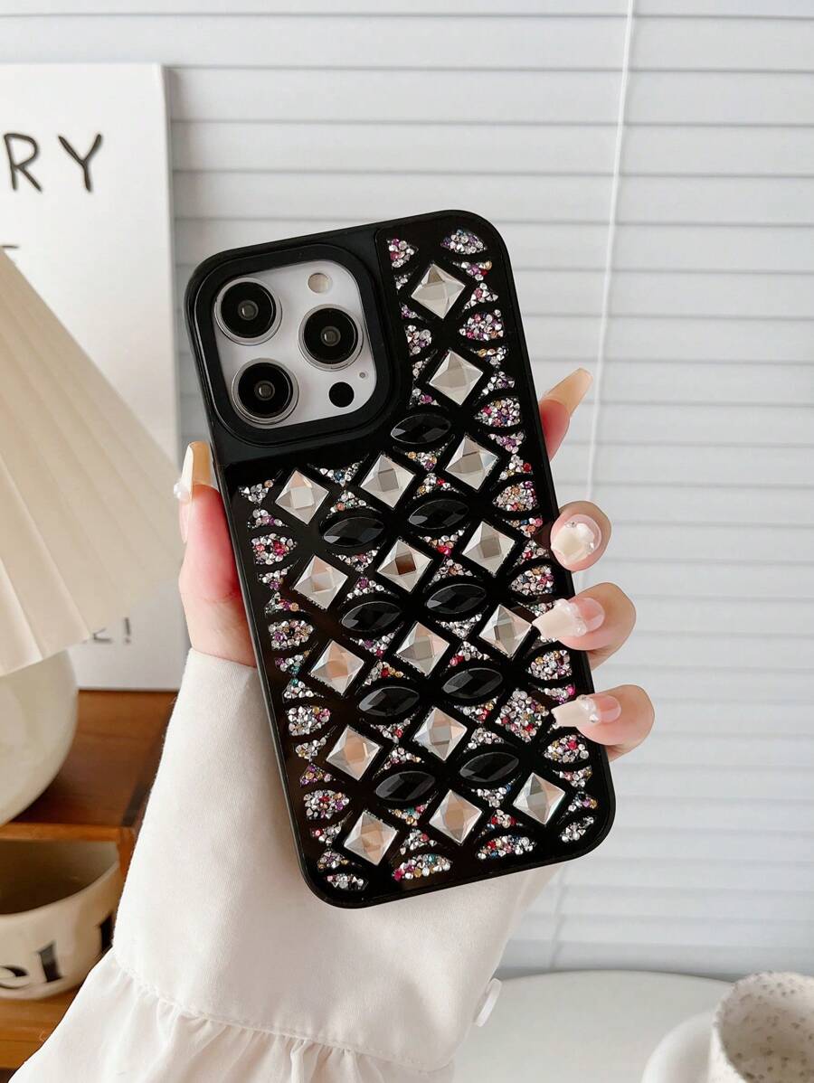 1 件黑色方形玻璃水钻防震手机壳保护套适用于 iPhone 15 Pro Max - 黑色 - 查看 1