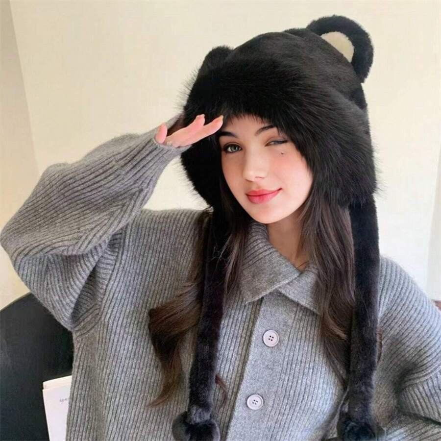 1頂女式黑色加厚毛毛雙層帽子,可愛的熊耳朵,秋冬日常使用防風保暖 - 黑色 - 查看 1