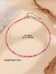 1pc Colorful Rice Beaded Necklace For Women, Versatile Style For Summer, Single Layer - Hot Pink - View 3