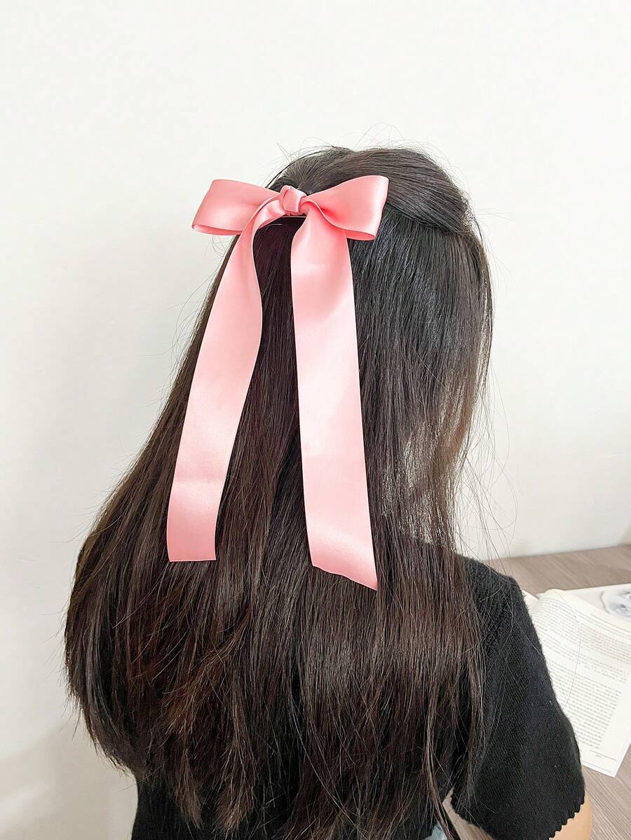 1pc Solid Color Satin Bowknot Hair Clip For Women, Suitable For Daily & Commuting Wear - Pink - View 1