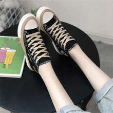 女式熊設計高筒帆布鞋,休閒韓式時尚女孩鞋 - 黑色 - 查看 4