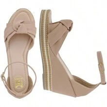 Sandália Salto Plataforma Anabela Amarração Laço Confortável sapatos feminina elegante - Bege - Visão 7