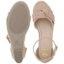 Sandália Salto Plataforma Anabela Amarração Laço Confortável sapatos feminina elegante - Bege - Visão 8