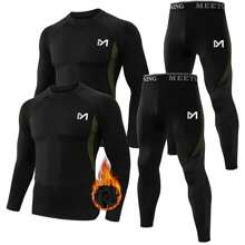 2 Sets Men Thermal Underwear Seamless Long Johns Winter Top Bottom Base Layer Set Sport Long Johns Hunting Gear - BLACK+BLACK - View 1