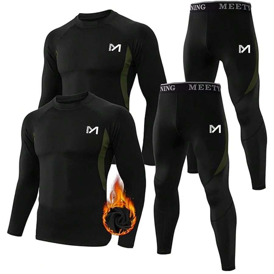 2 Sets Men Thermal Underwear Seamless Long Johns Winter Top Bottom Base Layer Set Sport Long Johns Hunting Gear - BLACK+BLACK - View 1