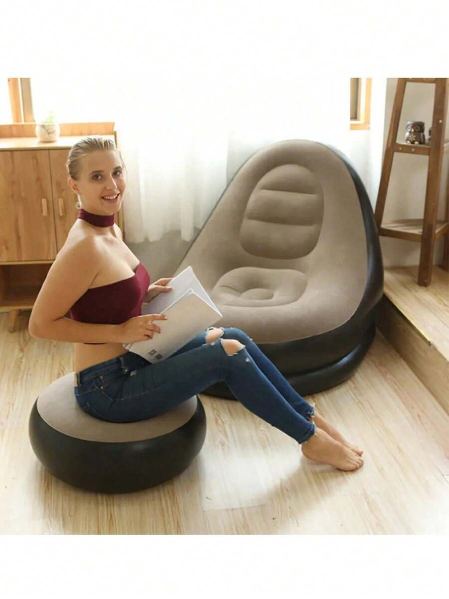 Silla inflable con otomana y soporte para tazas, sofá portátil, tumbona de aire, sofá perezoso para camping, juegos, almuerzo, jardín, fiesta, disfrutar de tomar el sol - Caqui - Ver 1