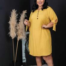 Chemise Plus Size Vestido Feminino G1 ao G3 Em Viscolinho Camisao Botao - Amarelo - Visão 2