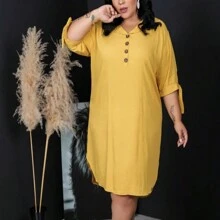 Chemise Plus Size Vestido Feminino G1 ao G3 Em Viscolinho Camisao Botao - Amarelo - Visão 3