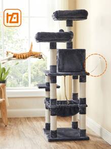 FEANDREA Árbol para Gatos de Altura 143 cm, Torre para Gatos, con 11 Postes Rascadores, 2 Plataformas, 1 Cueva, 1 Hamaca, 2 Pompones, Tela de Felpa, Multinivel, Beige/Gris - Gris - Ver 8