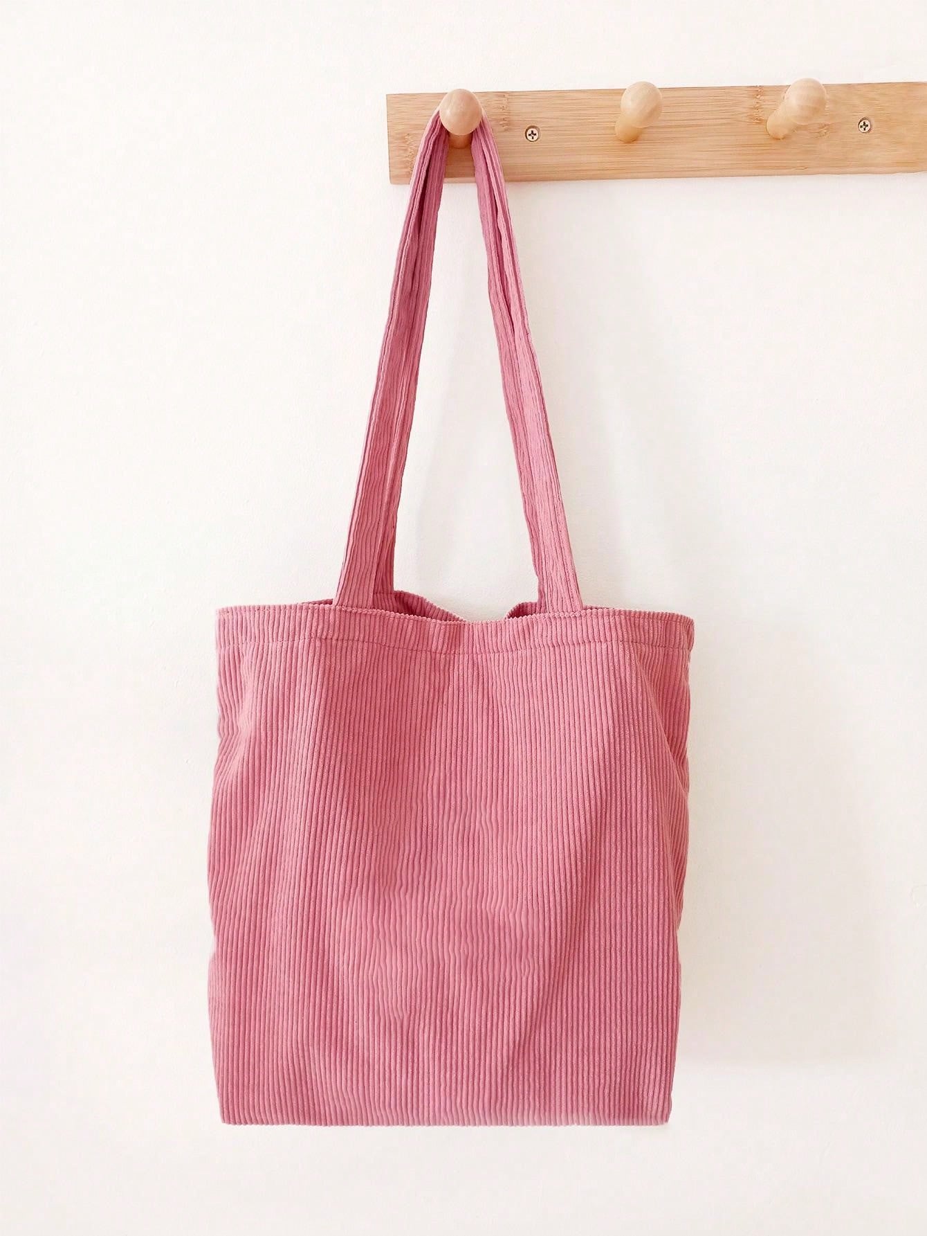 Retro Corduroy Tote Bag Women's Simple Shoulder Bag Letter Patch Decor Handbag pink SHEIN USA
