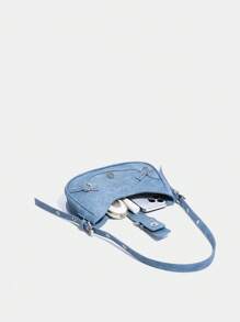 1個藍色鉚釘裝飾扣式女士朋克風背包，配有可調節的肩帶，適用於日常使用，女性復古牛仔錢包 - 藍色 - 查看 4