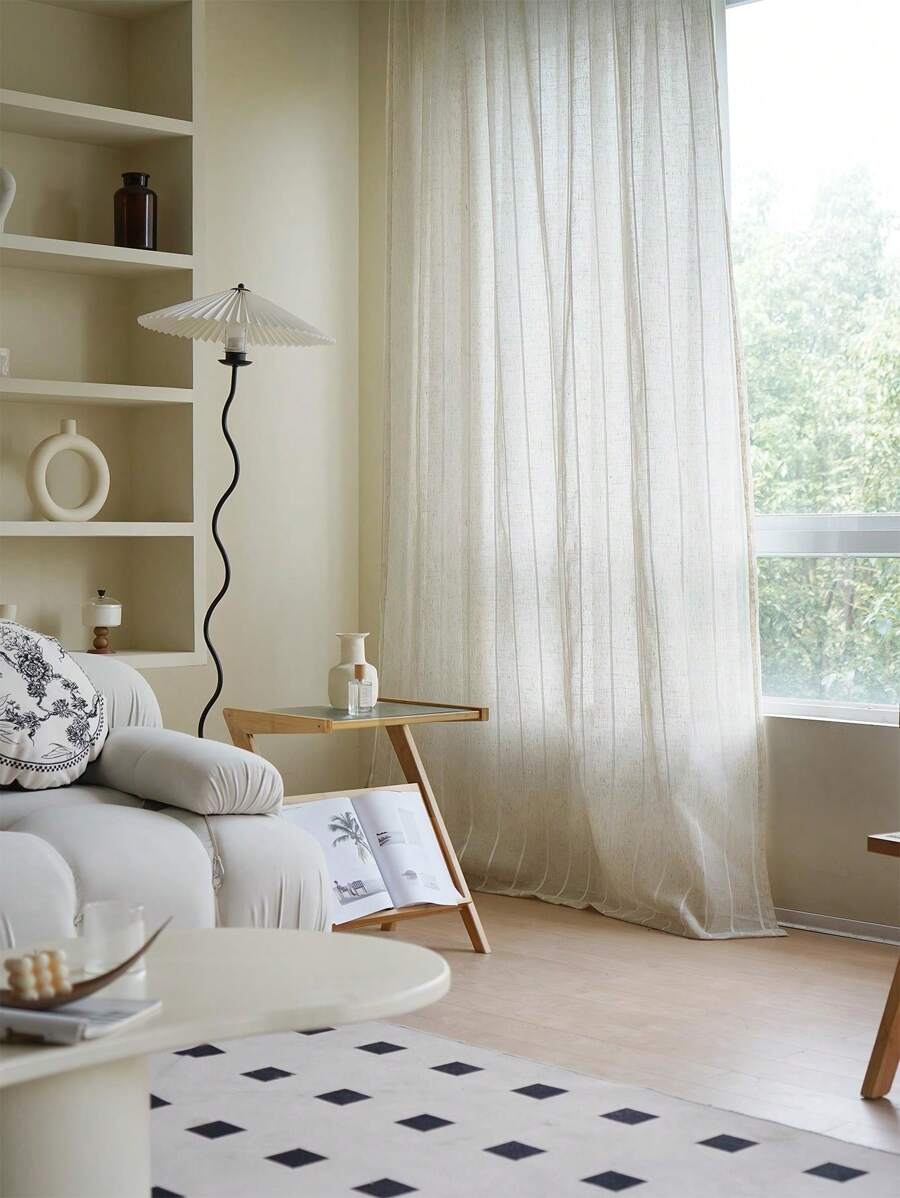 1 件天然亚麻垂直条纹简约窗帘，适用于客厅、卧室、阳台 - 半透明、隔热和隐私保护