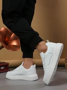 Men's Comfortable Breathable Simple Casual Shoes, Round Toe Lace-Up Low-Top Sneakers - White - View 4