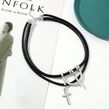 1pc Fashionable Cross Pendant Necklace For Men, Black Rope Chain Necklace - cross - View 5