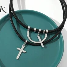1pc Fashionable Cross Pendant Necklace For Men, Black Rope Chain Necklace - cross - View 7