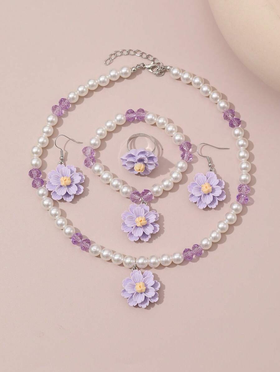 5 buc/set Colier de perle cu margele de flori pentru fete, 1 brățară, 1 inel și 2 cercei