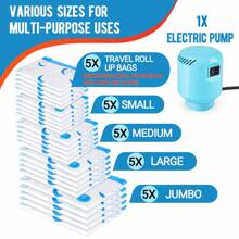 25 pc Various models of vacuum storage bags(5 Jumbo, 5 Large, 5 Medium, 5 Small, 5 Roll Up Bags), available for clothing, bedding, comfort items, travel, moving, saving you 80% of space, equipped with electric air pump, blue and white