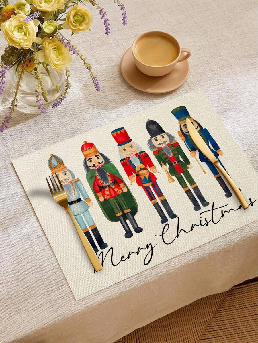 1pc Linen Nutcracker Christmas Themed Placemat Decoration - Multicolor - View 1