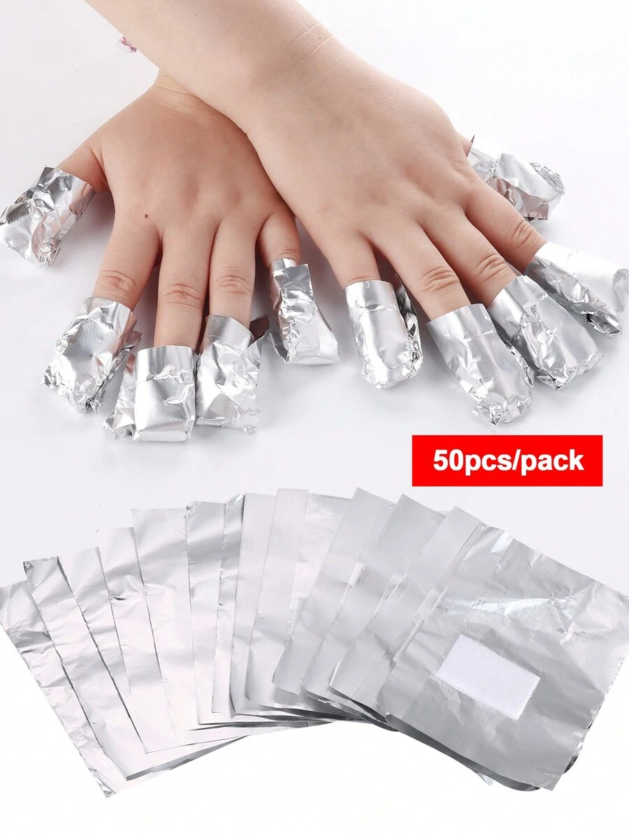 50 件裝鋁箔美甲浸泡壓克力凝膠拋光去除膜,指甲箔去除膜美甲指甲清潔工具 - 銀色 - 查看 1