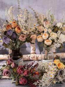 1束人工花卉,復古花束,玫瑰聖誕婚禮家庭裝飾照片道具假花