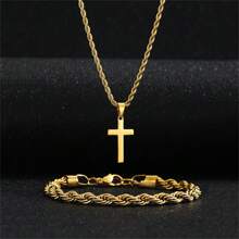 1 Pc Kids Minimalist Cross Charm Twist Chain Necklace & 1 Pc Twist Chain Bracelet Set Stainless Steel Jewelry - Gold - View 1