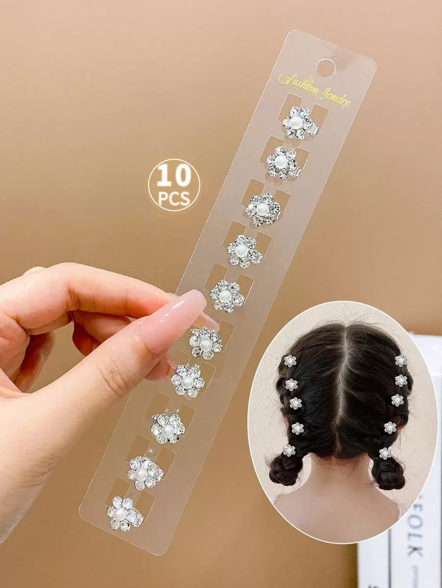 10pcs Girls' Lovely Small Size Flower & Rhinestone Decor Hair Clip - White - View 1