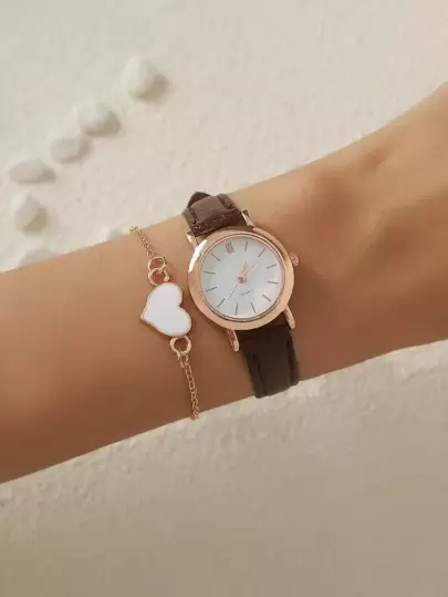 1pc Brown Fashionable Simple Casual Women's Wristwatch And 1pc White Heart Detail Chain Bracelet As A Gift For Students Returning To School Valentines