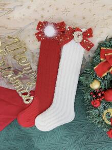 2對女孩聖誕節毛球蝴蝶結長襪,適合聖誕節 - 彩色 - 查看 1