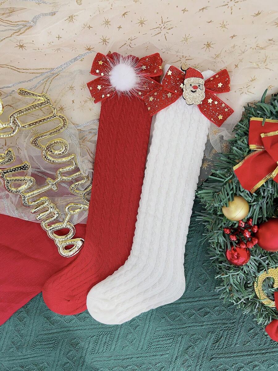 2對女孩聖誕節毛球蝴蝶結長襪,適合聖誕節 - 彩色 - 查看 1