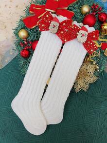 2對女孩聖誕節毛球蝴蝶結長襪,適合聖誕節 - 彩色 - 查看 4