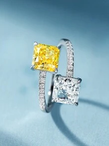 1 Peça Anel Quadrado De Zircônia Cúbica Bicolor, Anel Feminino De Charme Fashion, Tamanho Do Anel Ajustável, Joias De Luxo Personalizadas
