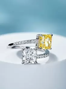 1 Peça Anel Quadrado De Zircônia Cúbica Bicolor, Anel Feminino De Charme Fashion, Tamanho Do Anel Ajustável, Joias De Luxo Personalizadas