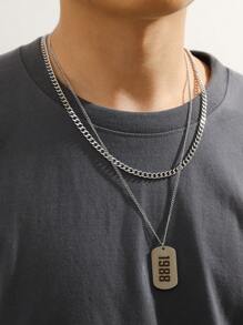 2入組時尚款式不鏽鋼矩形出生年份吊墜項鍊套裝,男士生日禮物 - 銀色 - 查看 1