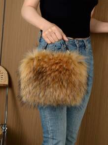 女士时尚毛绒个性化小众设计辣妹斜挎毛绒手提包 - 棕色 - 查看 1