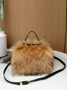 女士时尚毛绒个性化小众设计辣妹斜挎毛绒手提包 - 棕色 - 查看 3