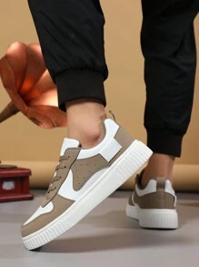 Men's Comfortable Breathable Simple Fashionable Casual Shoes With Round Toe Lace-up Low-cut Sneakers - Khaki - View 2