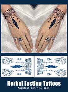 草本手部暫時性紋身貼紙(持續7-14天),一套2個羽毛和鏈式手部暫時性紋身貼紙,手指和手腕組合暫時性紋身貼紙為手鏈吊墜設計,一次性紋身貼紙,非常適合女性沙漠風手部暫時性紋身貼紙 - 藍色 - 查看 2