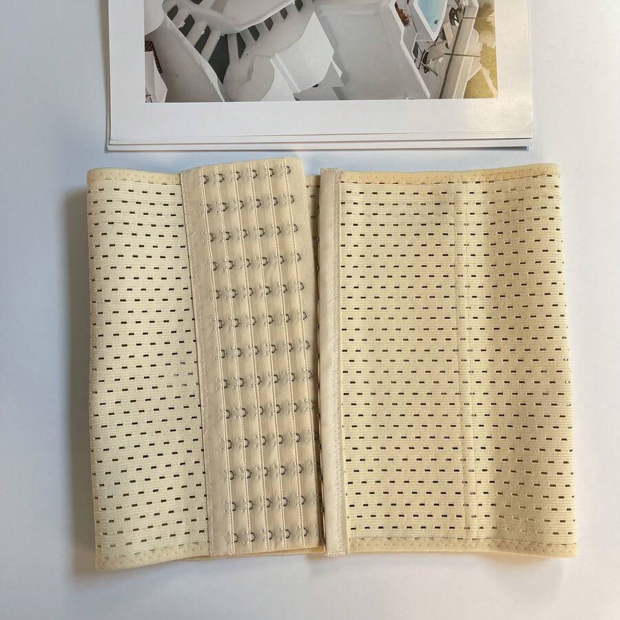 1pc Women's Solid Color 6 Row Buckle Breathable Mesh Waist Trainer - Beige - View 1