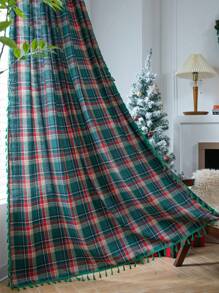 聖誕節綠色格子窗簾,經典的塔爾登蘇格蘭條紋圖案,農家口袋窗簾,適用於臥室客廳,1片裝
