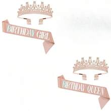 1件生日皇后皇冠或女孩和生日皇后腰帶套件,適用於女性和女孩的生日裝飾,黃金皇冠和生日腰帶,生日派對裝飾,附髮梳和頭箍 - 玫瑰金 - 查看 1