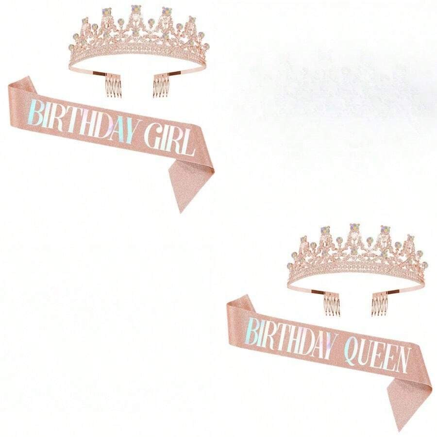 1件生日皇后皇冠或女孩和生日皇后腰帶套件,適用於女性和女孩的生日裝飾,黃金皇冠和生日腰帶,生日派對裝飾,附髮梳和頭箍 - 玫瑰金 - 查看 1