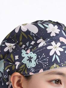 1PC Women Blue Cooking Beanie Uniform Adjustable Breathable Restaurant Kitchen Chef Hats Scrub Pattern Nurse caps Surgical  Hospital Medical Uniform Printed Washable Hat