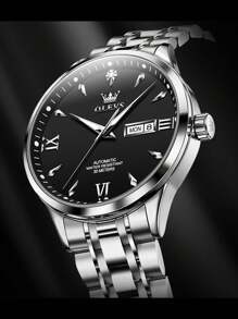 Olevs男士機械手錶,不鏽鋼材質的奢華時尚男士禮物,防水及夜光功能 - 黑色 - 查看 2