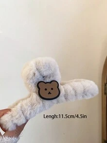 1入裝可愛卡通熊玩偶毛巾夾，女士髮夾發飾，100%聚酯纖維製成，適用於秋冬季節 - 米色 - 查看 2