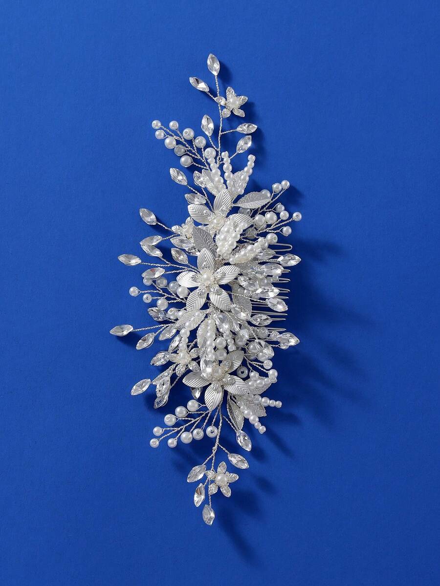 1頂花朵髮梳裝飾的精美新娘頭飾,適用於女性婚禮和生日派對 - 銀色 - 查看 1